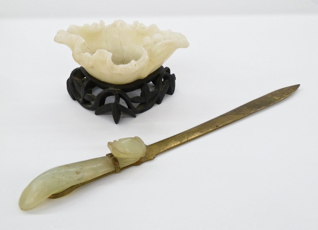 2pc Antique Chinese Stone Brush Washer & Belt Hook: 2pc Antique Chinese Stone Brush Washer & Belt Hook Letter Opener. Figural lotus soapstone brush washer on pierced carved wood stand 2.5''x5'' and jade dragon belt hook 3.75'' mounted to brass knife 11