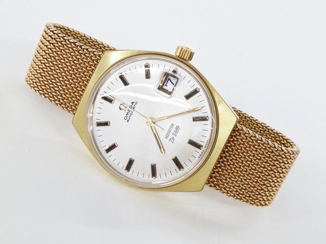 Vintage Omega Meister DeVille Men's Wristwatch with 14k: Vintage Omega Meister DeVille Men's Wristwatch with 14k Mesh Band. Date watch was presented in 1972 for 25 years service at M. Lowenstein & Sons. Automatic movement with date function in working order