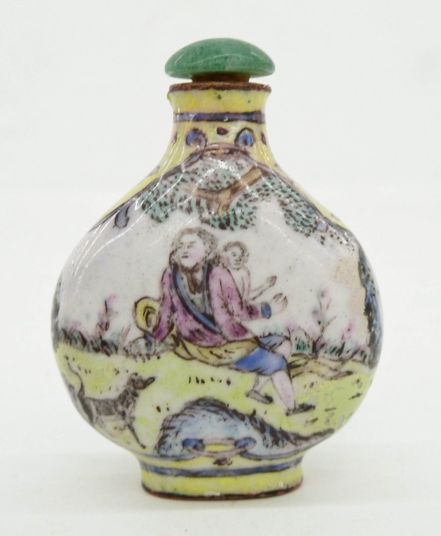 Antique Chinese European Figures Enameled Snuff Bottle: Antique Chinese European Figures Enameled Snuff Bottle 2.25''x1.75''. Polychrome enameled European figures on copper body. Bears a four character enameled Qianlong dynasty mark on bottom. Carved jade 