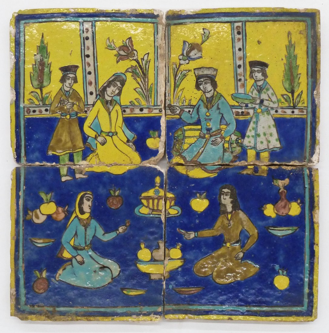 4pc Antique Persian Islamic Ceramic Tile Set: 4pc Antique Persian Islamic Ceramic Tile Set 17.5''x17.5''. Pictoral pottery tiles depict polychrome seated man and wife with servants. Various edge chips and crazing to glaze. 19th century or older.