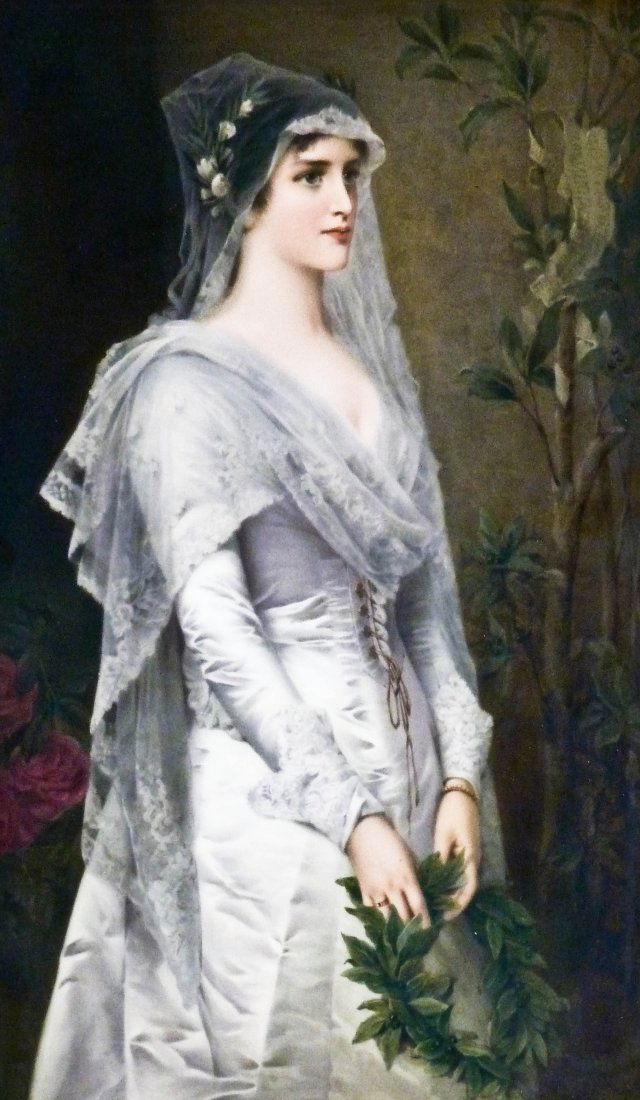 Impressive KPM Painted Porcelain Plaque of a Young: Impressive KPM Painted Porcelain Plaque of a Young Bride 13''x7.75''. Exceptional painting of a young beauty holding a wreath with pink roses behind her. Tree has banner wrapped around it with a latin