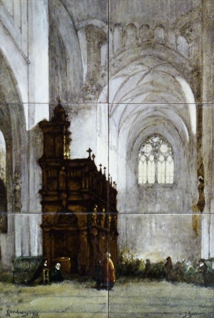 Johannes Bosboom (1817-1891 Netherlands) Untitled: Johannes Bosboom (1817-1891 Netherlands) Untitled Cathedral Interior Painted Porcelain Rozenburg Dutch Tile Set 18''x12'' Image. Six panel painting was painted on porcelain then glazed. Signed l.r. an
