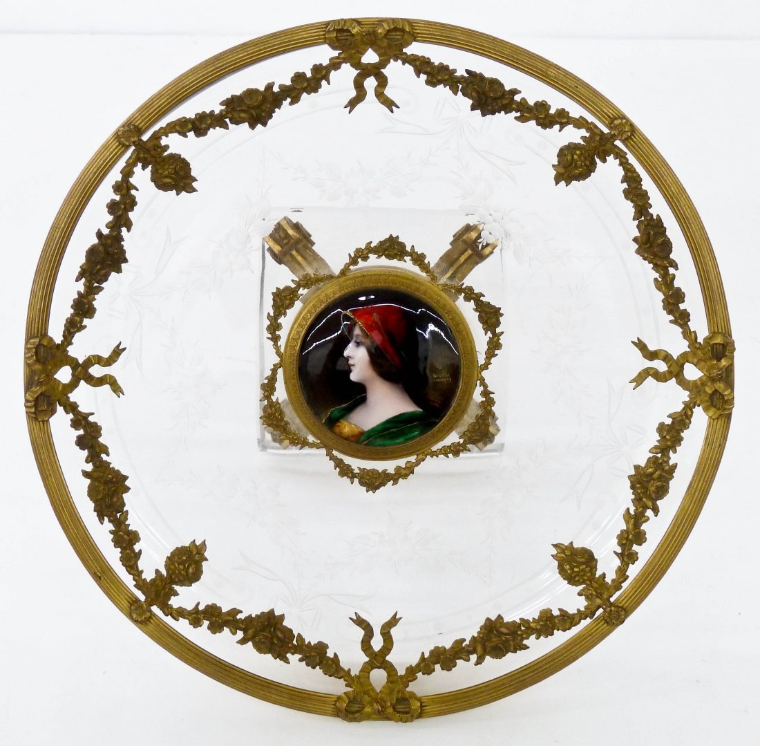 French Ormolu Mounted Etched Glass Compote with Lebrun: French Ormolu Mounted Etched Glass Compote with Lebrun Limoge Miniature Portrait 6''x9.5''. Central limoge enameled portrait 2.25'' in diameter. Etched bow and wreath motifs in bowl with gilt acanthus