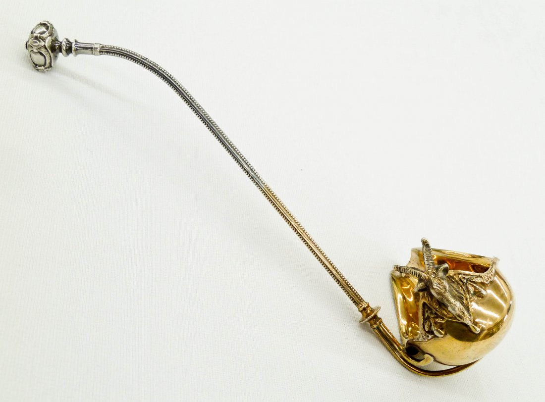 Antique George Sharp Philadelphia Sterling Figural: Antique George Sharp Philadelphia Sterling Figural Cream Ladle 7.25''x2.75''. Figural mountain goat head on side of bowl. Gold washed interior and exterior of bowl. Marked ''PATENT 1856'' with his ''S