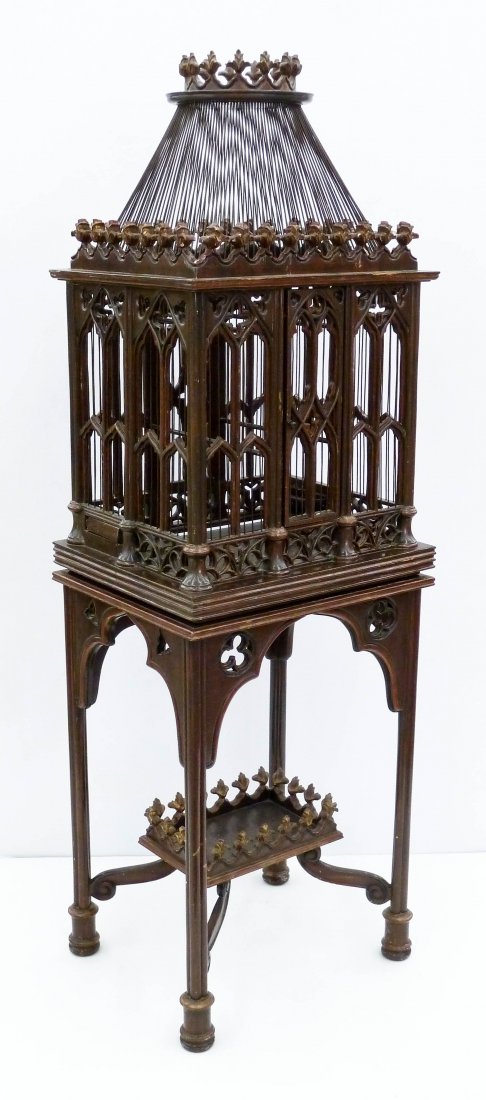 Impressive Italian Gothic Revival Gilt Carved Birdcage: Impressive Italian Gothic Revival Gilt Carved Birdcage 70''x23''x19''. Cathedral from bird cage comes separate from fitted table. The letter ''GC 11'' engraved under table. Overall edge wear with a fe
