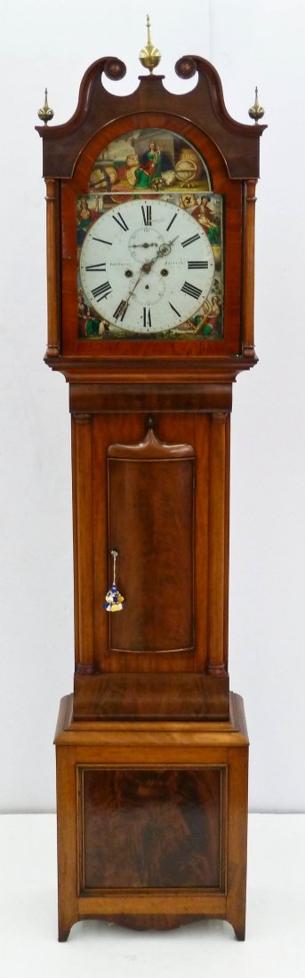 Antique Scottish Robert Currer, Falkirk Longcase Clock: Antique Scottish Robert Currer, Falkirk Longcase Clock 91''x20''. George III walnut and mahogany wood case with arched top and brass finials. Polychrome painted face with four figures representing Eng