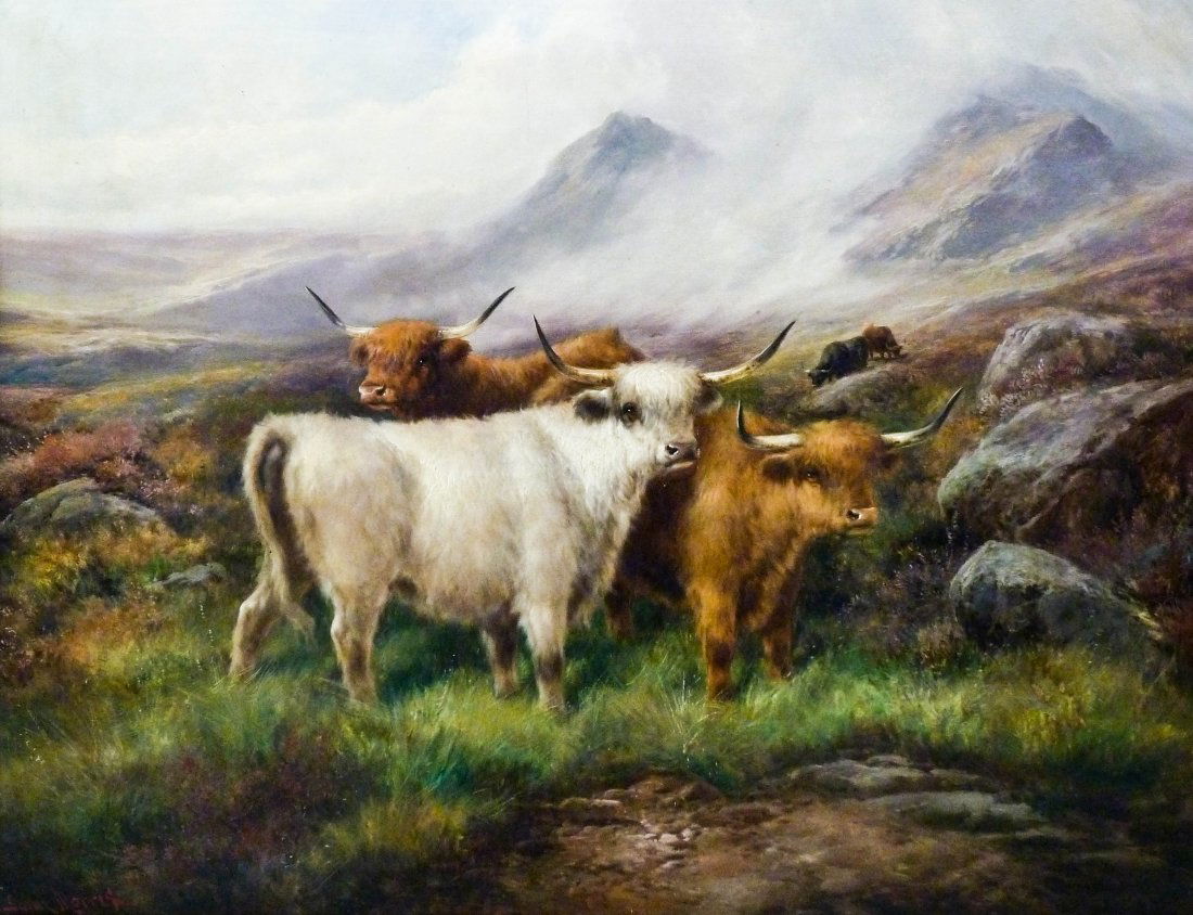 John Morris (19th Cent. British) ''Morning in the: John Morris (19th Cent. British) ''Morning in the Highland'' Cattle Scene Oil on Canvas 28''x36.25'' Image. Comes in ornate gesso wood frame with a total size of 41''x49''. Small patch repair left edg