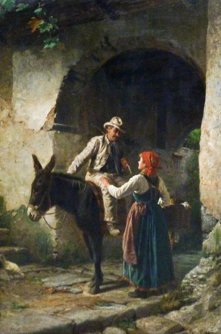 Antique European Genre Scene Oil on Canvas: Antique European Genre Scene Oil on Canvas 31.75''x21.25'' Image. Depicts a peasant man riding a donkey. Fictitiously signed ''Rosa Bonheur'' l.r. Comes in period gilt gesso frame with a total size of
