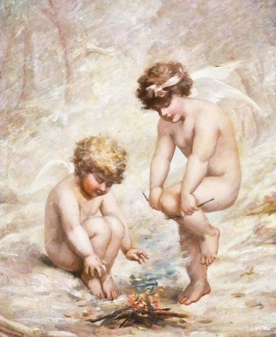 Antique Putti Building a Fire Oil on Canvas 24''x20'': Antique Putti Building a Fire Oil on Canvas 24''x20'' Image. Unsigned impressionist work, housed in an elaborate gesso wood frame with figural acorns. Total framed size 34''x30''.