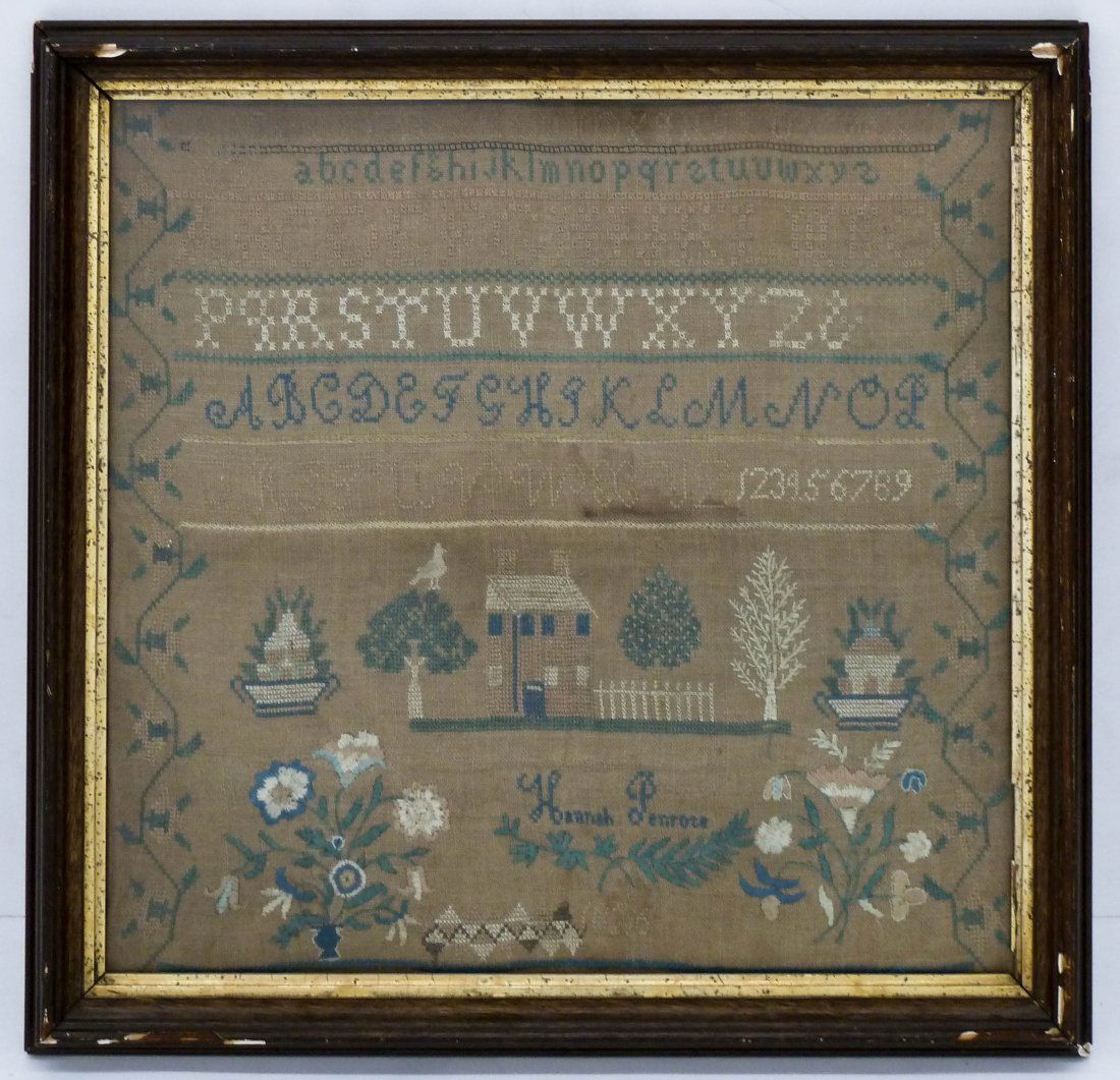 Dated 1826 Pictoral Needlework Sampler Framed: Dated 1826 Pictoral Needlework Sampler Framed 20''x20.5''. Polychrome sampler depicting a house with trees and floral bouquets. A single white bird sits atop one of the trees. Note on back reads, ''Th