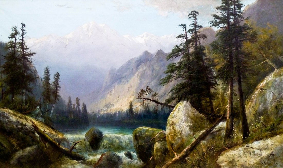 Frederick Ferdinand Schafer (1839-1927 California) ''In: Frederick Ferdinand Schafer (1839-1927 California) ''In The Rocky Mountains, Colorado'' Oil on Canvas 30''x50'' Image. Signed l.r. and titled on verso. Professionally cleaned. Housed in original gilt