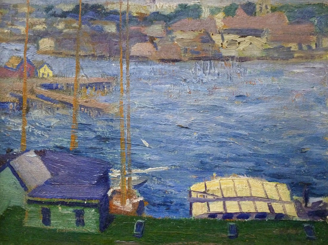 Arnold Bray (1892-1972 California) Harbor Scene Oil on: Arnold Bray (1892-1972 California) Harbor Scene Oil on Board 10.5''x14'' Image. Unsigned, but notated on verso. Total framed size 13''x16.5''.