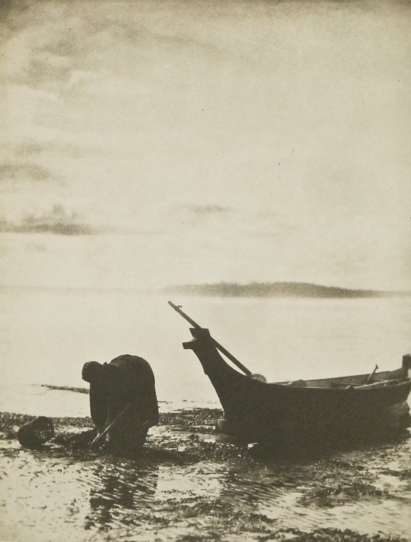 Edward Curtis (1868-1952 Washington) ''The Clam: Edward Curtis (1868-1952 Washington) ''The Clam Digger'' Platinum Print 16''x12'' Image. Photograph is signed in ink l.r. with Curtis Studio blindstamp l.l. Professionally bleached and restored. House