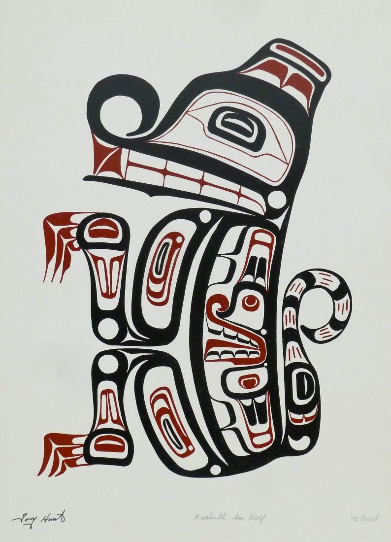 Tony Hunt (b.1961 Kwagiulth) ''Kwakuilth Sea Wolf'': Tony Hunt (b.1961 Kwagiulth) ''Kwakuilth Sea Wolf'' Serigraph 22''x16'' Sight. Ink signed, pencil titled and numbered 73 of 100 lower margin. Total framed size 27.5''x21''.