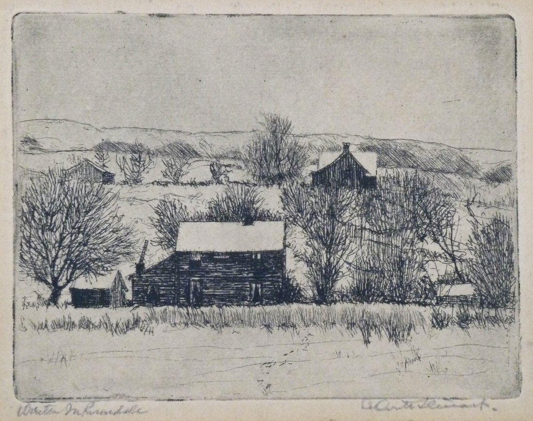 LeConte Stewart (1891-1990 Utah) ''Winter in: LeConte Stewart (1891-1990 Utah) ''Winter in Riverdale'' Etching 3.5''x4.5'' Impression. Pencil signed and titled lower margin. Housed in original frame. Total size 8.5''x9.5''. Collection of Jim and
