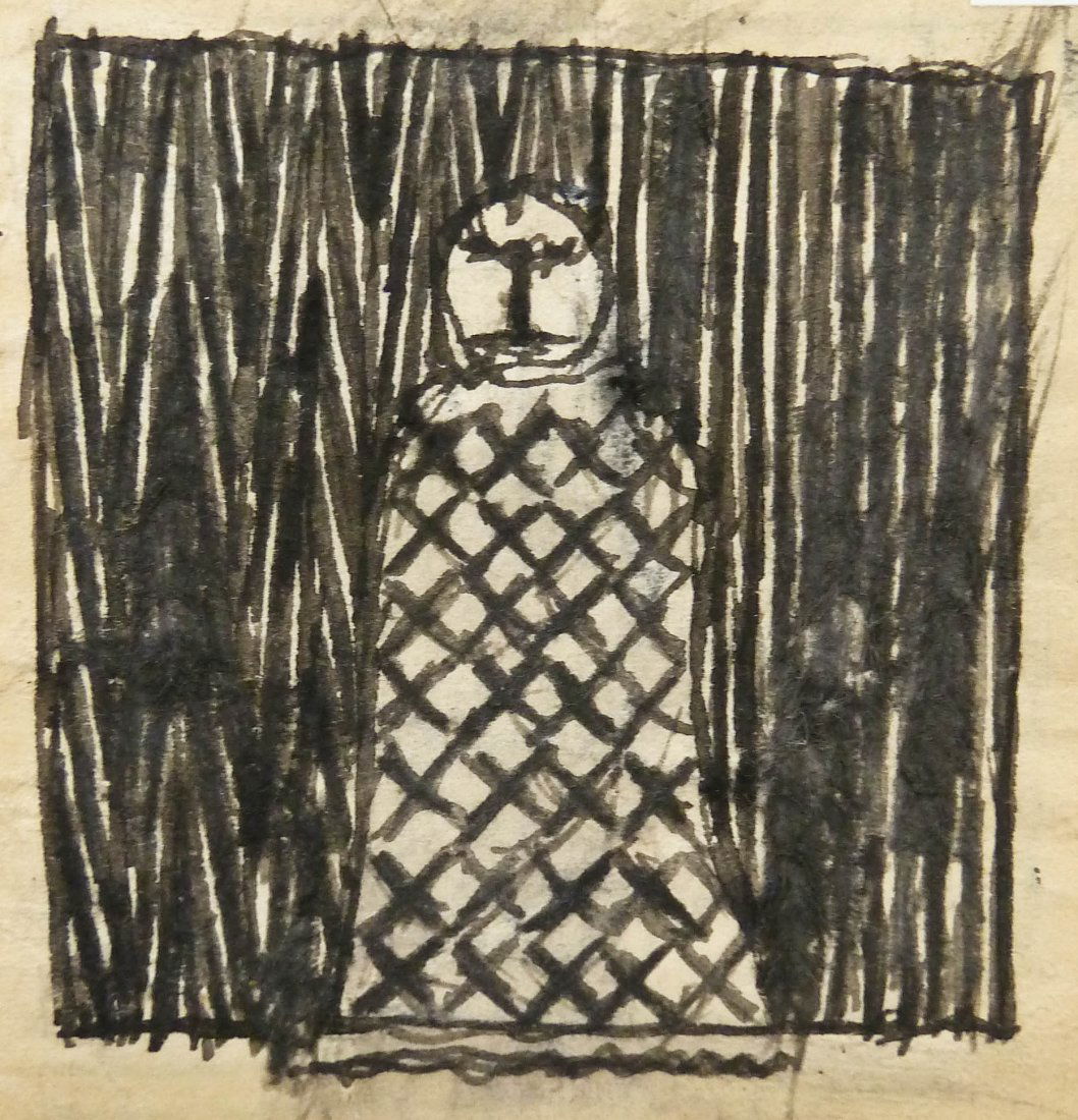 James Castle (1899-1977 Idaho) Bell Shaped Figure Soot: James Castle (1899-1977 Idaho) Bell Shaped Figure Soot & Spit on Repurposed Paper 2.75''x2.5''. Famous for his Outsider art, Castle was illiterate and deaf. The work is double sided with geometric pat