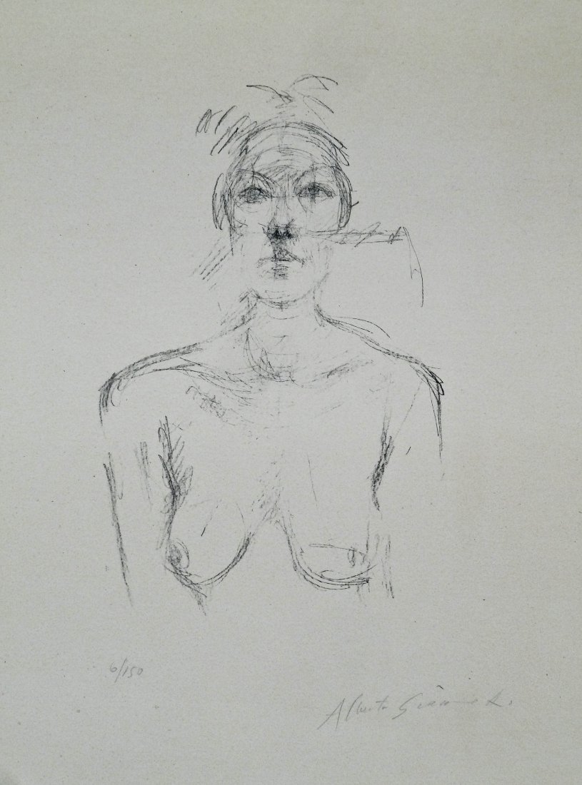 Alberto Giacometti (1901-1966 Swiss) ''Buste II'' (Lust: Alberto Giacometti (1901-1966 Swiss) ''Buste II'' (Lust 31) 1960 Signed Lithograph on BFK Rives Paper 25.75''x19.75'' Sheet. Pencil signed and numbered 6 of 150. Full margins. Toning throughout print 