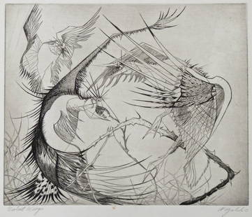 Walter Rogalski (1923-1996 American) ''Violent Wings'': Walter Rogalski (1923-1996 American) ''Violent Wings'' 1951 Abstract Etching 15''x18'' Impression. Pencil signed and titled lower margin. Total sheet size 18.75''x21.25''. Very small stain lower margi