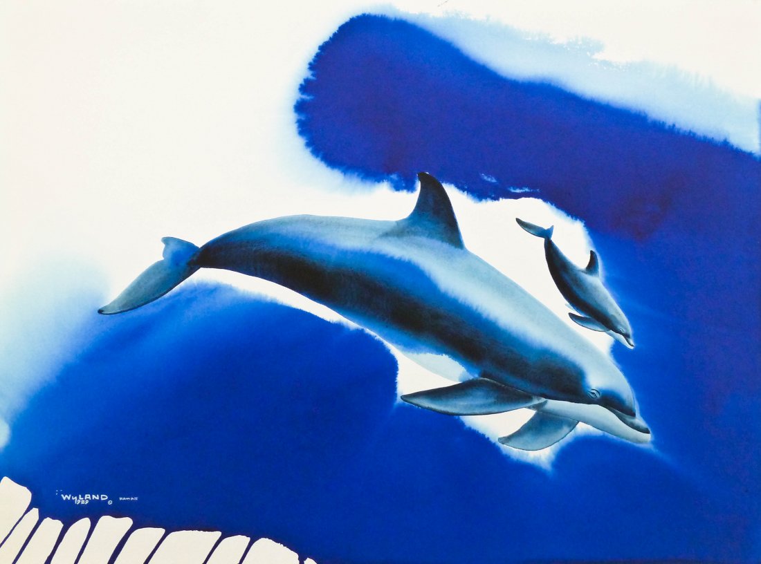 Robert Wyland (b.1956 California) Dolphins 1989: Robert Wyland (b.1956 California) Dolphins 1989 Watercolor on Paper 30''x40'' Image. Purchased at Howard/Mandville Gallery, Kirkland WA. Total framed size 42''x52''.