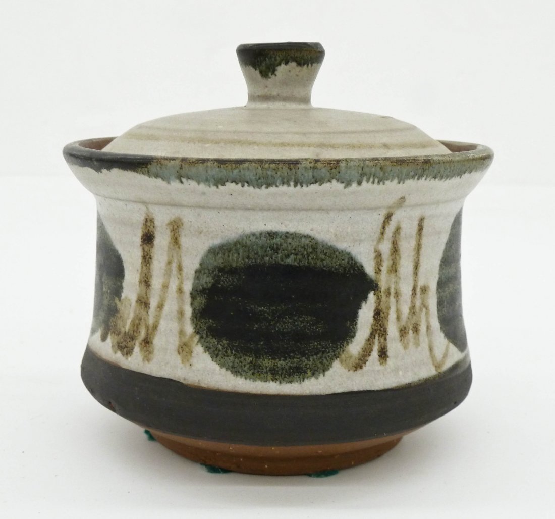 Robert Sperry Glazed Stoneware Small Jar 4.5''x4.5''.: Robert Sperry Glazed Stoneware Small Jar 4.5''x4.5''. Abstract dot and squiggle design around exterior. Excellent condition. Circa 1950's.