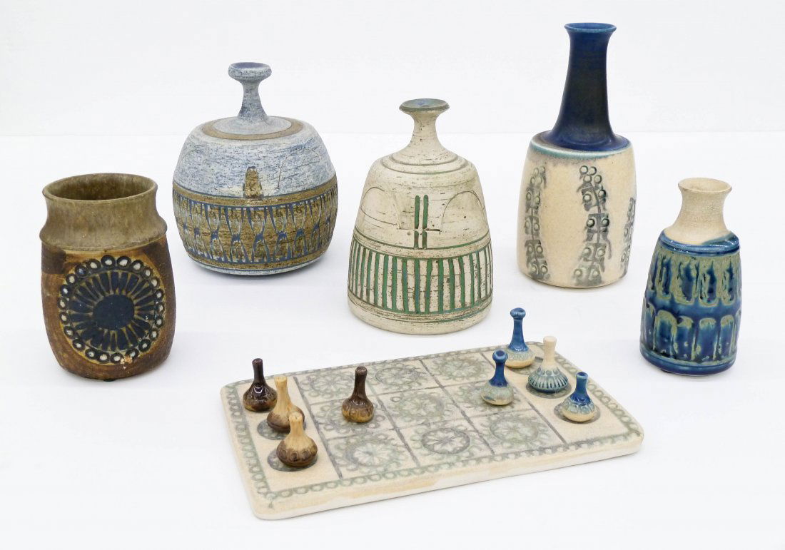 6pc Ulla Winblad Hjlemqvist (1933-1992 Washington): 6pc Ulla Winblad Hjlemqvist (1933-1992 Washington) Glazed Ceramics with Sgraffito Designs. Includes vases and jars sizes range 5.25'' to 9''. Also a Swedish ceramic board game 9.5''x6''. One jar has r