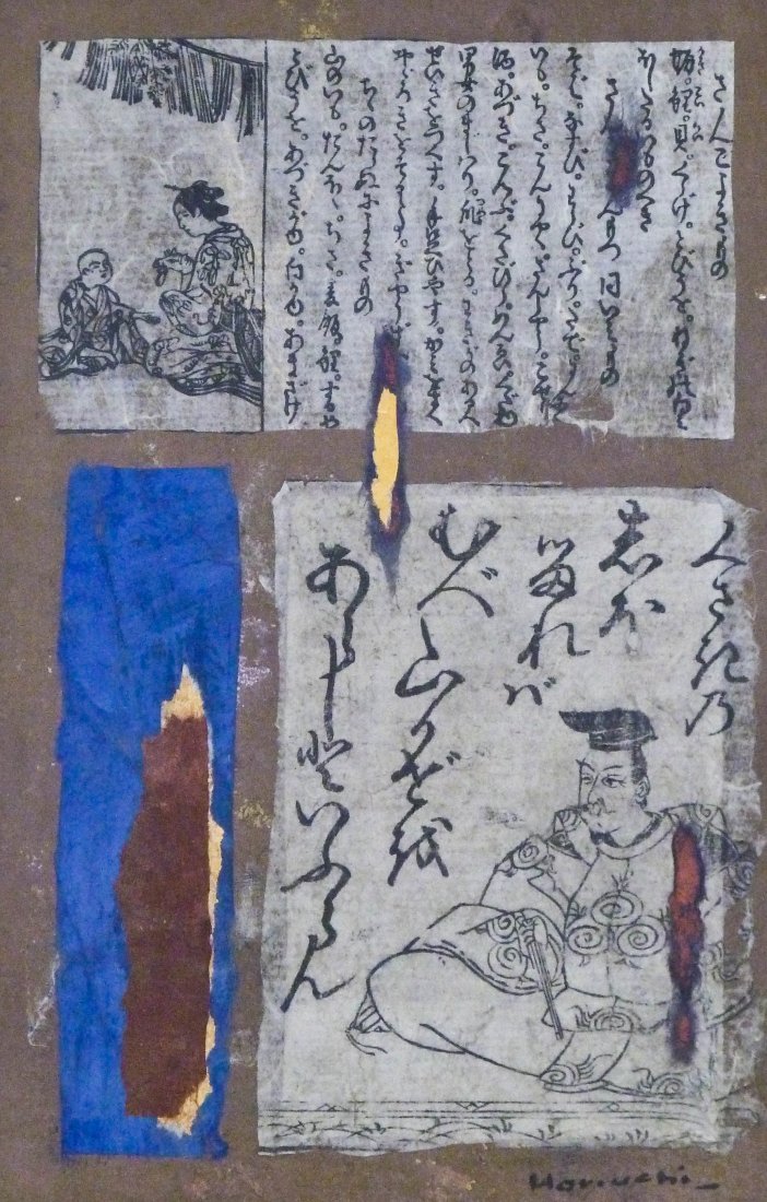 Paul Horiuchi (1906-1999 Washington) ''Poetry'' Casein: Paul Horiuchi (1906-1999 Washington) ''Poetry'' Casein Collage on Board 10''x6.5'' Image. Abstract cobalt and gold foil collage with calligraphic pages. Signed l.r. Total framed size 16''x11.5''.