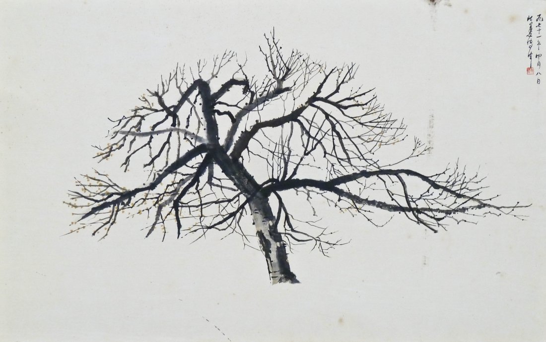 Fay Chong (1912-1973 Washington) ''Old Apple Tree'': Fay Chong (1912-1973 Washington) ''Old Apple Tree'' 1971 Watercolor & Chinese Ink on Paper 22''x35.25'' Image. Signed and inscribed in calligraphy u.r. Notated and titled on verso. Total framed size 2