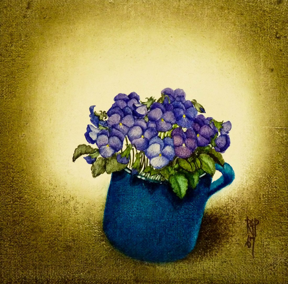 Rosalyn Gale Powell (1929-2007 Washington) ''Pansies'': Rosalyn Gale Powell (1929-2007 Washington) ''Pansies'' 1967 Oil on Board 6''x6'' Image. Floral still life set in a peacock blue mug. Signed l.r. and titled on verso. Total framed size 12.75''x12.75''.