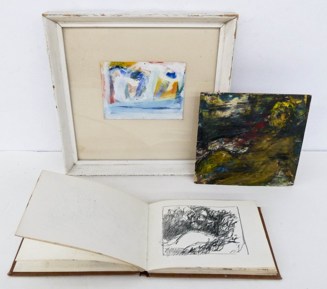 3pc William Ivey (1919-1992 Washington) Small Abstract: 3pc William Ivey (1919-1992 Washington) Small Abstract Works & Sketchbook. Includes a small oil on paper 3.5''x4.5'' image - framed 9.5''x9.5'', small oil on board 5.75''x5'', and a 4.5''x6'' sketchbo