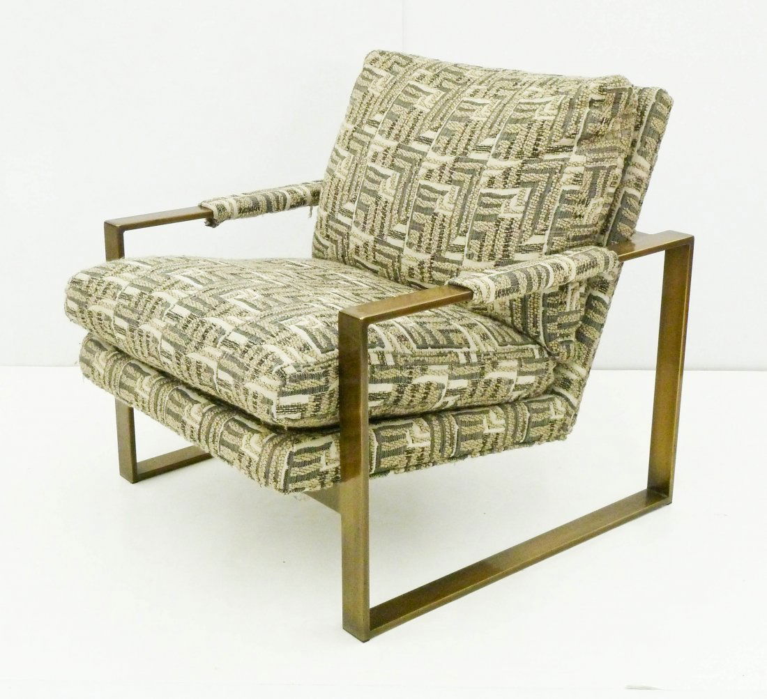 Milo Baughman for Thayer Coggin Armchair: Milo Baughman for Thayer Coggin Armchair 30''x29''x31''. Patinated brass frame with upholstery. Original brand and control tag on cushion.