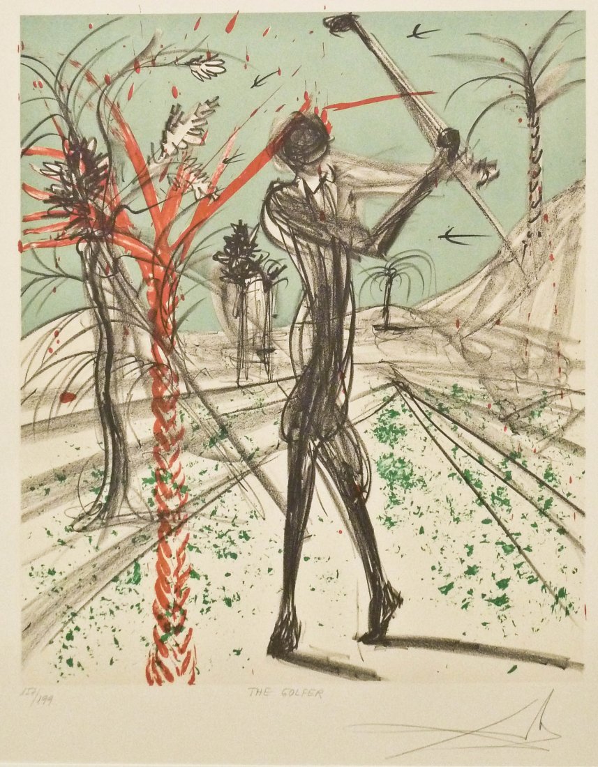 Salvador Dali (1904-1989 Spain) "The Golfer" Lithograph: Salvador Dali (1904-1989 Spain) "The Golfer" Lithograph in Colors 22.5"x18.5" Sight. A colorful surrealist image from his sports series. Signed, titled and numbered 157 of 199 edition lower margin. To