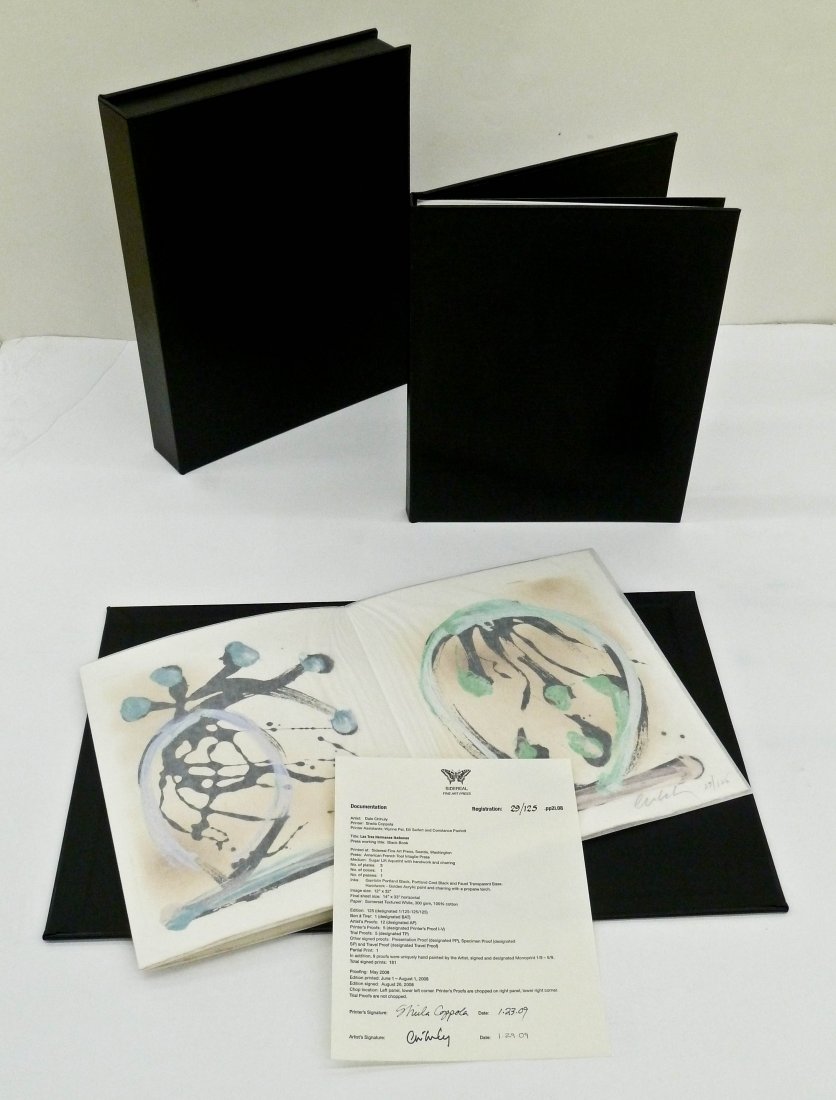 Dale Chihuly Limited Edition "Black Book" 2009 with Sig: Dale Chihuly Limited Edition "Black Book" 2009 with Signed Lithograph. Book comes in numbered leather slipcase with certificate of authenticity signd by Chihuly. Set comes with a three plate sugar lif