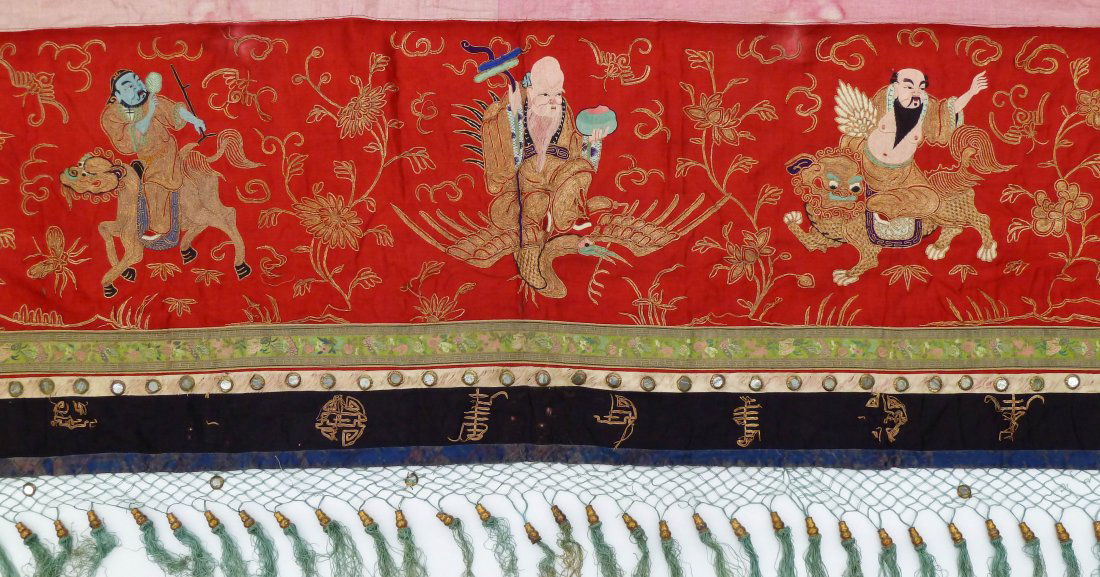 Antique Chinese Silk Embroidered Hanging Banner 2'x14'. (1 of 6)