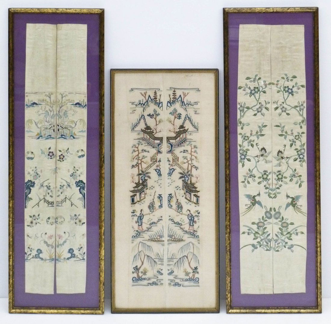 3pc Antique Chinese Silk Sleeve Panels Framed. Includes (1 of 2)