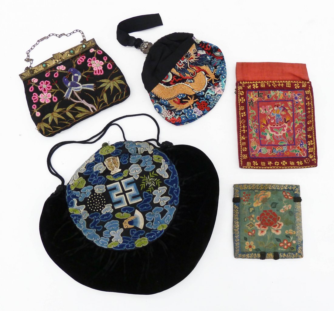5pc Antique Chinese Silk Handbags. Includes polychrome (1 of 2)