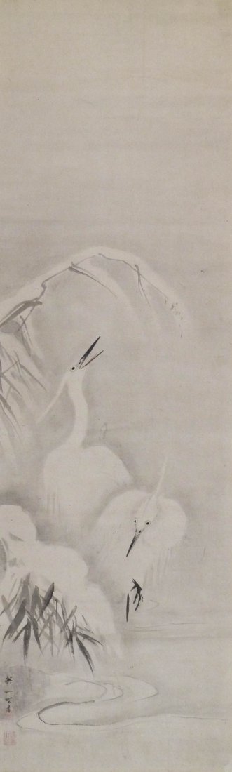 Antique Japanese Heron Design Ink Scroll Painting by (1 of 4)