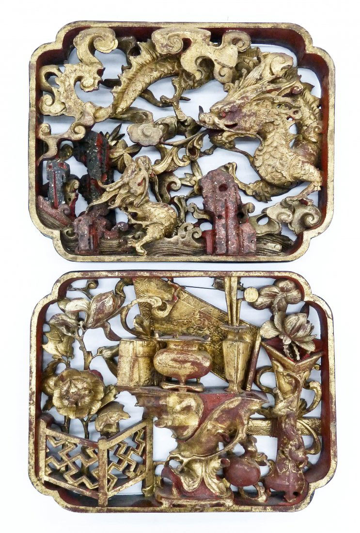 Pair Antique Chinese Gilt Temple Panels 9.75''x12.5'' (1 of 2)