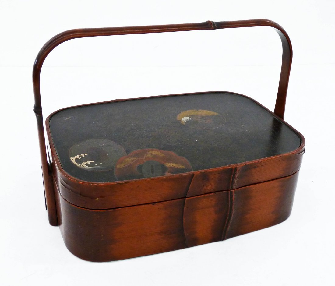 Antique Japanese Lacquered Handled Box with Tsuba Motif (1 of 2)