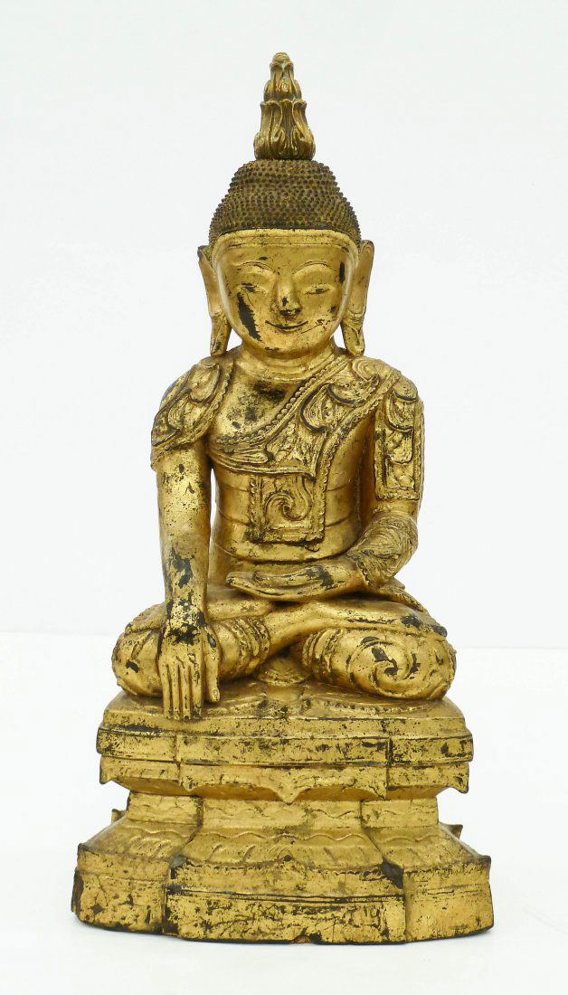 Antique Burmese Seated Buddha Gilt Carved Hardwood (1 of 4)