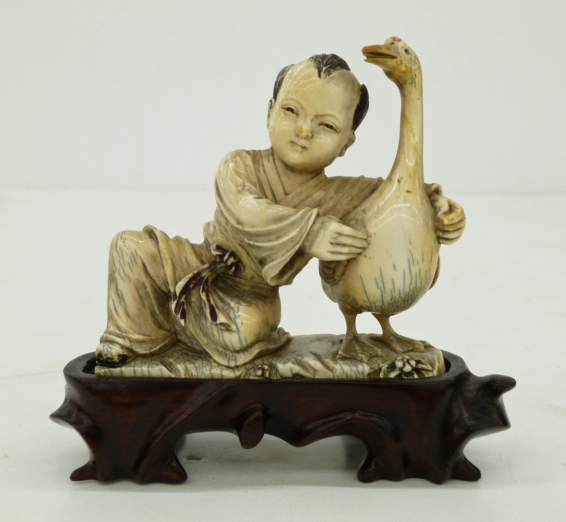 Antique Chinese Boy with Goose Ivory Figure on Stand (1 of 3)
