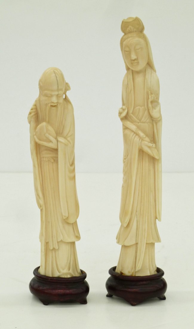 2pc Old Chinese Ivory Figures on Stands 7.25'' and 9''. (1 of 2)