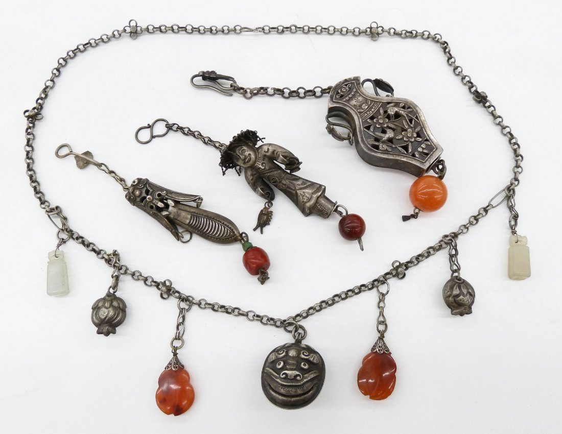 4pc Antique Chinese Silver Necklace & Needle Cases. (1 of 1)