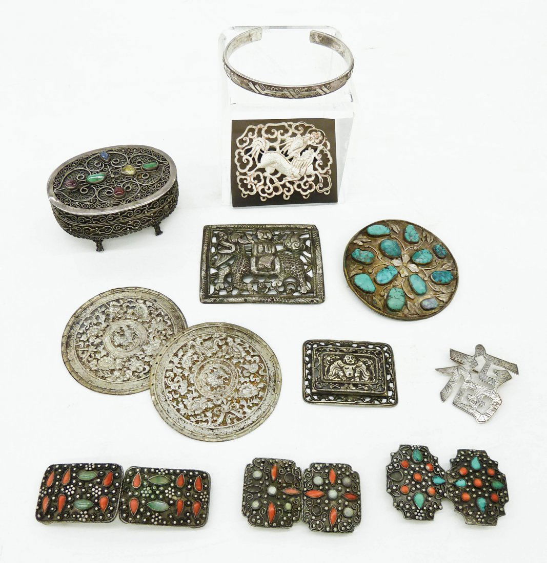 12pc Antique Chinese Silver Jewelry & Box. Includes (1 of 2)