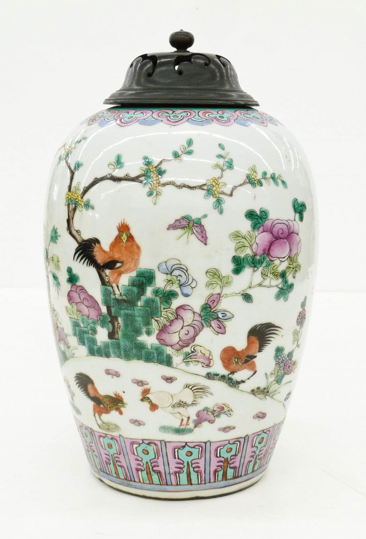 Antique Chinese Rooster Famille Rose Jar 13.5''x8.5''. (1 of 3)