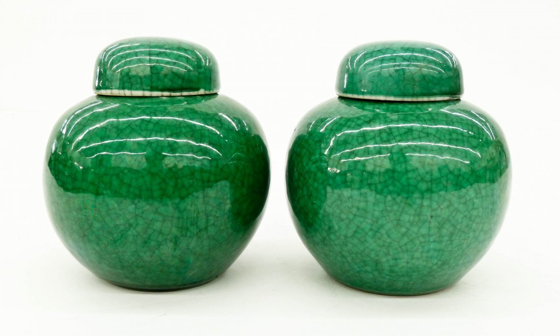 Pair of Old Chinese Apple Green Monochrome Porcelain (1 of 2)