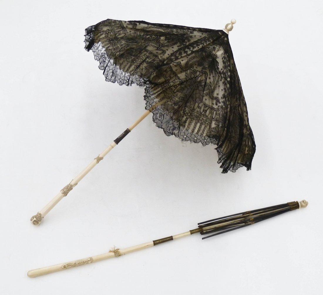 2pc Antique Ivory Folding Parasols. Includes a chinese (1 of 4)