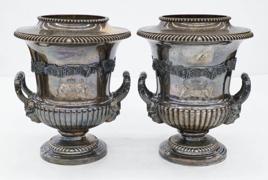 Pair Antique Sheffield Plated Armorial Wine Coolers: Pair Antique Sheffield Plated Armorial Wine Coolers 11.5''x9'' Each. Figural bacchus head handles with grape vine motifs. Engraved ''Humani Nihil Alienum'' armorial on front of each. One has spot of c