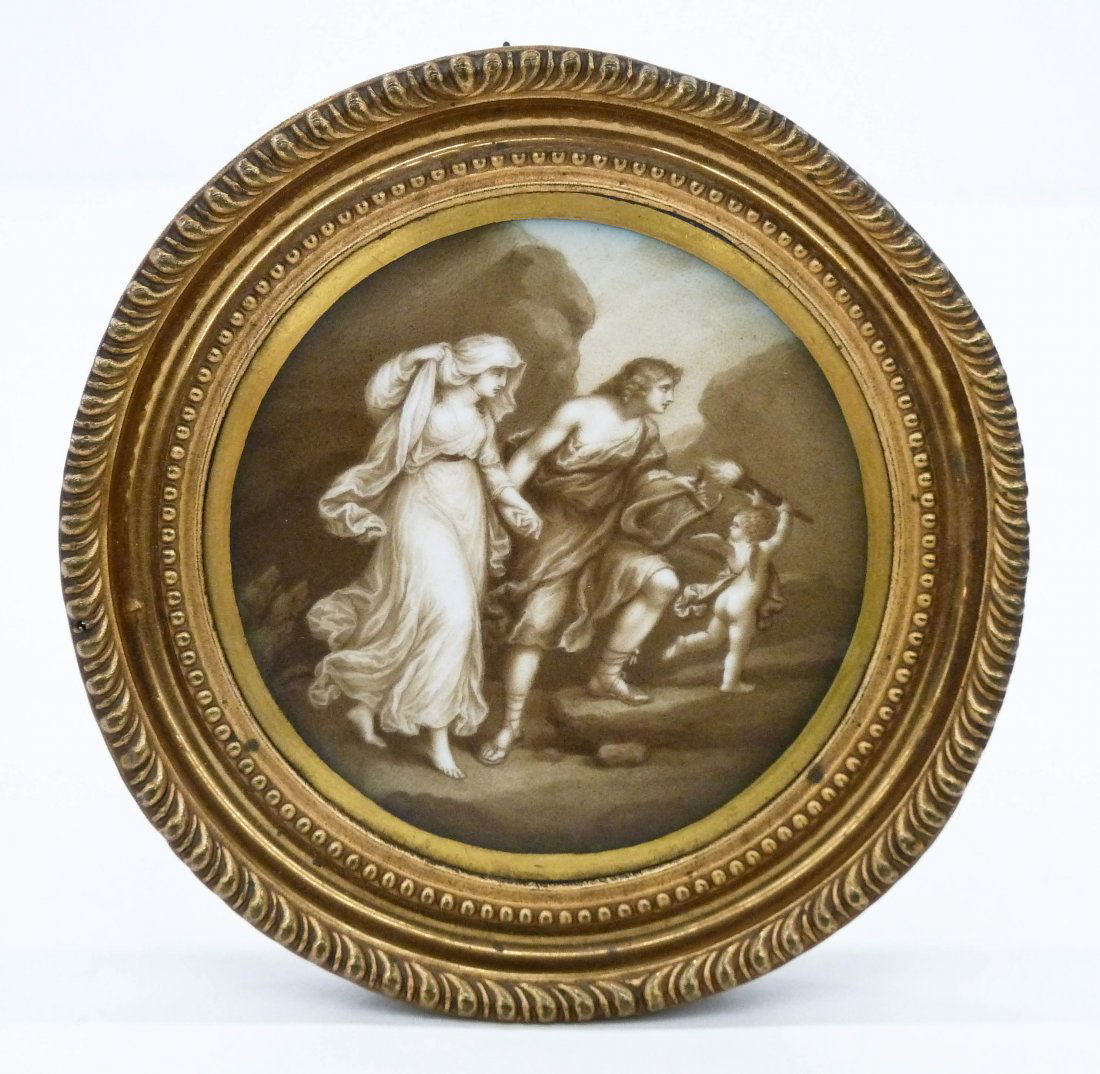 Antique Meissen Neoclassical Porcelain Plaque 4''.: Antique Meissen Neoclassical Porcelain Plaque 4''. Intricately painted figures with cupid in sepia tones. Gilt wood original frame. Crossed swords mark on verso. Excellent condition. 18th or 19th cent