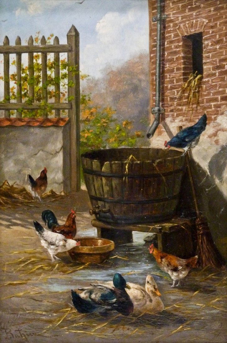 Jules Bahieu (1860-1895 Belgian) Chickens and Ducks in (1 of 3)