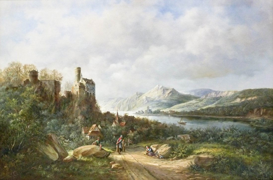 Eleonore Guinther (b.1947 Germany) Untitled German: Eleonore Guinther (b.1947 Germany) Untitled German Landscape Oil on Canvas 24''x36'' Image. Intricate image with castles and peasants in foreground. Signed l.r. and housed in ornate gilt frame. Total
